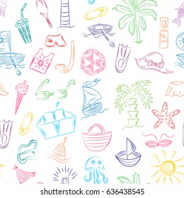 Colorful Hand Drawings of Summer Vacancies Symbols. Doodle Boats, Ice cream, Palms, Hat, Umbrella, Jellyfish, Cocktail, Sun. Vector Illustration.