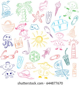 Colorful Hand Drawings of Summer Vacancies Symbols. Doodle Boats, Ice cream, Palms, Hat, Umbrella, Jellyfish, Cocktail, Sun and Kids. Vector Illustration.