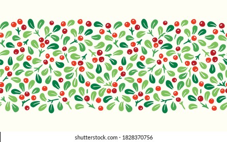 Colorful Hand Drawn Abstract Christmas Mistletoe Foliage Horizontal Vector Seamless Pattern Border. Modern Winter Holiday Print in Bright Tones. Perfect for Invitations, Gift Paper, Stationery