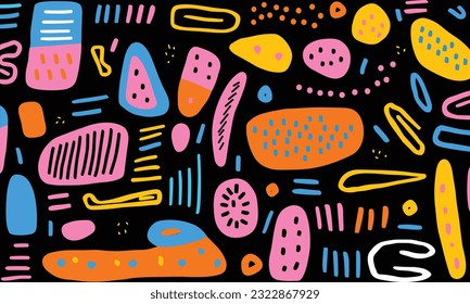 colorful hand drawn abstract pattern, in the style of black background, stripes and shapes, minimalist backgrounds, bold strokes, bright colors, bold shapes, rustic texture, whimsical doodles