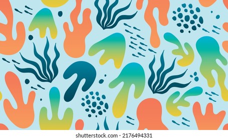 Colorful hand drawn abstract sea life and plants shape decoration seamless pattern. Plant leaf and tropical shape decoration set.