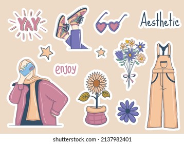 Colorful Hand drawn aesthetic stickers collection