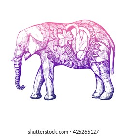 Colorful Hand Drawn African elephant. Black silhouette with decorative elements.