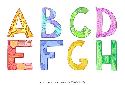 Colorful hand drawn alphabet for kids. Vector letters set A-H