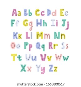 Colorful hand drawn alphabet with lowercase and uppercase letters. Bright ABC poster for kids. Vector illustration