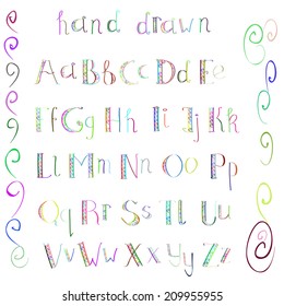 Colorful hand drawn alphabet made in vector. ABC for your design. Easy to use and edit letters. 
