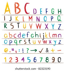 Colorful hand drawn alphabet, numbers and symbols Colorful alphabet with capital and small letters, numbers and signs.