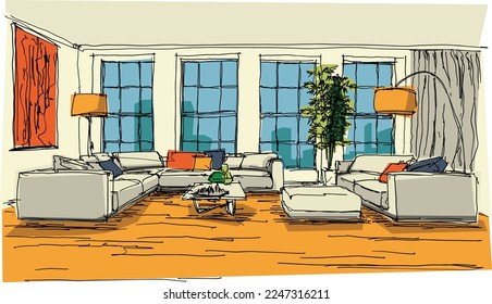 colorful hand drawn architectectural sketch of a modern abstract living room interior with furniture