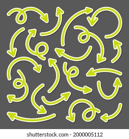 Colorful hand drawn arrow stickers set. Green pointers collection. Simple arrows in different shapes. Direction signs. Vector illustration.