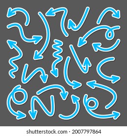 Colorful hand drawn arrow stickers set. Blue pointers collection. Simple arrows in different shapes. Direction signs. Vector illustration.