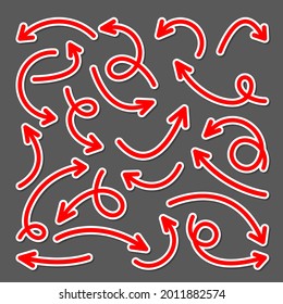 Colorful hand drawn arrow stickers set. Red pointers collection. Simple arrows in different shapes. Direction signs. Vector illustration.