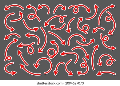 Colorful hand drawn arrow stickers set. Red pointers collection. Simple arrows in different shapes. Direction signs. Vector illustration.