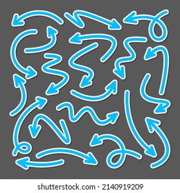 Colorful hand drawn arrow stickers set. Blue pointers collection. Simple arrows in different shapes. Direction signs. Vector illustration.