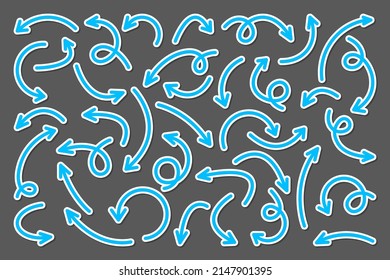 Colorful hand drawn arrow stickers set. Blue pointers collection. Simple arrows in different shapes. Direction signs. Vector illustration.