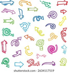 Colorful Hand Drawn Arrow Vector Set – Doodle Style Scribble Arrows in Crayon, Chalk, and Marker Sketches – Fun Whimsical Arrows for Kids Designs, Infographics, and Creative Projects

