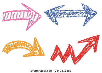 Colorful hand drawn arrows with chalk and wax crayon texture. A playful set of sketchy directional symbols. Rough lines and bold shapes