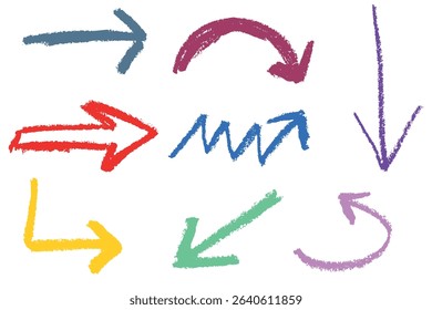 Colorful hand drawn arrows with chalk and wax crayon texture. A playful set of sketchy directional symbols. Rough lines and bold shapes