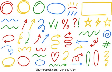 Colorful hand drawn arrows, circles, underlines, and symbols in doodle style on transparent background. Perfect for highlights, notes, planners, and infographic elements