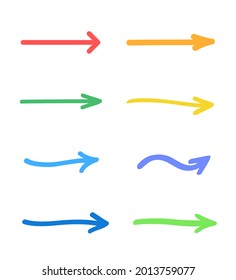 Colorful hand drawn arrows. Colored infographic elements on white. Freehand drawing. Set of different pointers. Colored illustration