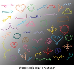Colorful Hand Drawn Arrows isolated on Monochrome Background.Sketch Style. Prefect for Design. Vector Illustration.