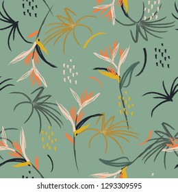 Colorful Hand drawn art illustration  Artistic abstract watercolor brush seamless pattern sketch tropical bird of paradise palm leaves, texture, splatter, brush strokes on green mint background color