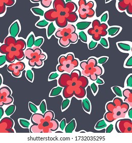 Colorful Hand Drawn Artistic Naive Daisy Flowers on Grey Background Vector Seamless Pattern. Blob Blooms, Paint Floral Print. Expressive Outlines, Organic Large Scale Simplistic Retro Fashion Design