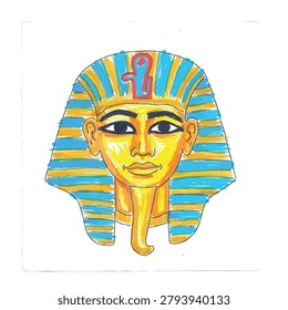 A colorful hand drawn artistic representation of the iconic pharaonic burial mask of Tutankhamun with blue and gold striped headcloth