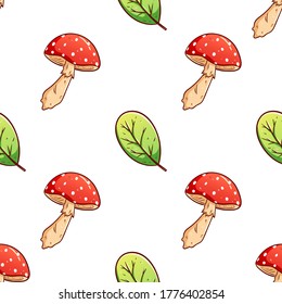 colorful hand drawn autumn leaves and mushroom seamless pattern background