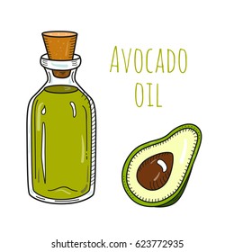 Colorful hand drawn avocado oil bottle. Isolated cute vial with healthy cooking oil and avocado. Sketchy cartoon illustration for aroma therapy, cosmetic, restaurant, organic shop. Glass jug with cork