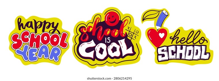 Colorful hand drawn back to school lettering stickers featuring Happy School Year, School is Cool and Hello School phrases. Fun typography badges perfect for planners, stationery, classroom decor and education branding