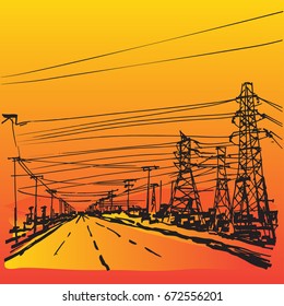 Colorful hand drawn background with network of different electricity cables