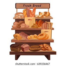 Colorful hand drawn bakery shop concept with different types of fresh bread lying on rack isolated vector illustration