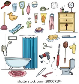 Colorful Hand drawn Bathroom, clean, hygiene set, vector illustration