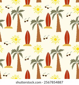 Colorful hand drawn beach pattern featuring palm trees, surfboards, and sunglasses for summer vibes vector illustration