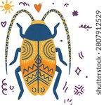 Colorful hand drawn beetle illustration with vibrant tribal patterns and whimsical doodles
