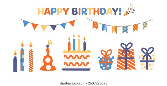 Colorful Hand Drawn Birthday Set, Cake, Candles, Gifts, Party Decor