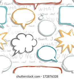 colorful hand drawn border blank speech bubbles on white background with love text seamless pattern