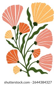 Colorful hand drawn bouquet with fan-shaped petals in warm tones. Ideal for posters, cards, and decorative prints with a whimsical feel.