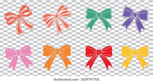 Colorful hand drawn bows in various shades with white outlines on transparent background