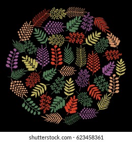 Colorful hand drawn branches arranged in circle on a black background. Vector illustration.