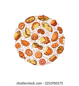 Colorful hand drawn bread and bakery goods. Editable collection of isolated doodle items placed in round with various decorative elements