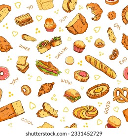 Colorful hand drawn bread and bakery seamless pattern with words in between, expressing delight, approval, and happiness. Editable isolated items with fun doodle elements for prints. Swatch in file