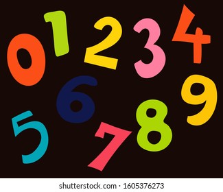 Colorful Hand drawn brush pen vector of numbers in cartoon style. Artistic font for your design.