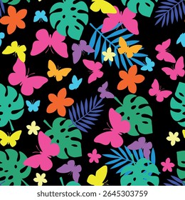Colorful Hand Drawn Butterfly and Tropical Floral Silhouette Pattern on Black Background Vector Print for Textile