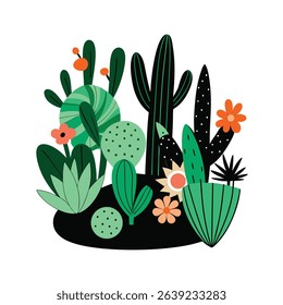Colorful hand drawn cactus and succulent plant illustration on white