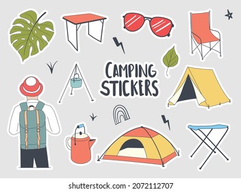 Colorful Hand Drawn Camping Stickers Collection