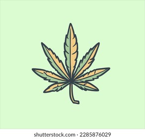 hoja de cannabis de color dibujada a mano, aislada de fondo verde. Esbozo, ilustración vectorial.