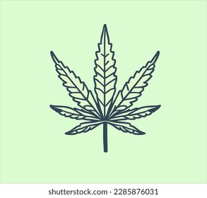 hoja de cannabis de color dibujada a mano, aislada de fondo verde. Esbozo, ilustración vectorial.