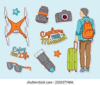 Colorful hand drawn capture your moment with cameras and drone stickers collection