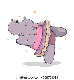 colorful hand drawn cartoon hippo dancing ballet in a tutu isolated on white background. outline vector illustration. dancing animals. Children's illustration vector